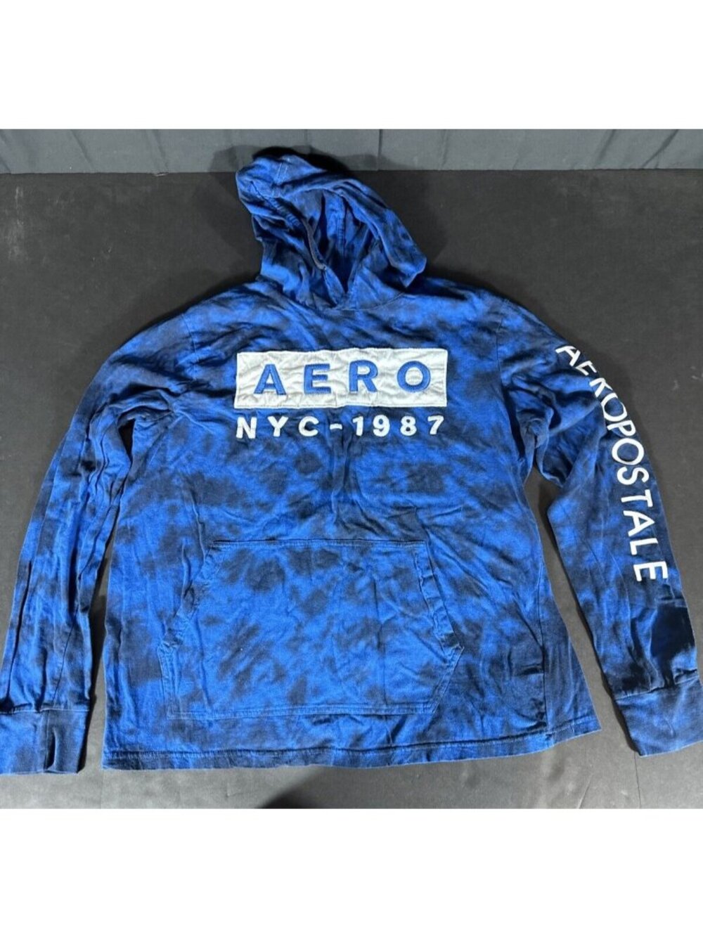 Aeropostale Hoodie Shirt L Blue Tie-Dye Embroidered Logo Long Sleeve Mens Light
